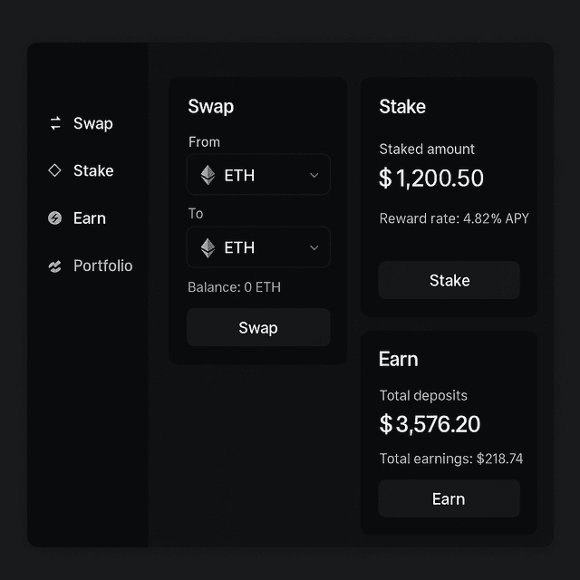 SmoothDeFi - Minimalist dark mode DeFi dashboard interface with swap, stake, earn panels